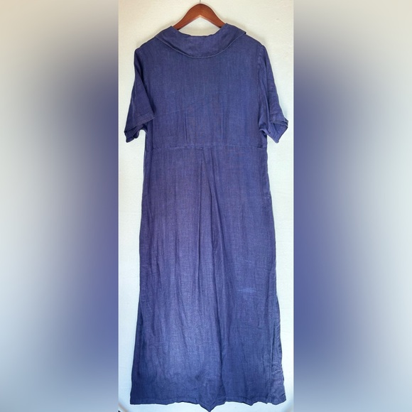 VINTAGE CHRISTINE DAMEN 100%‎ Linen Navy Blue Dress Long Maxi Short Sleeve Beach - Picture 10 of 14